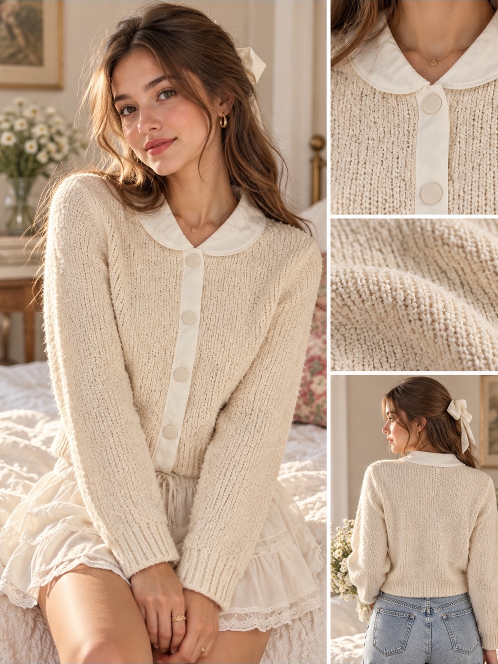 MNG Cream Knit Peter Pan Collar Cardigan |Medium| Coquette • Indie • Feminine